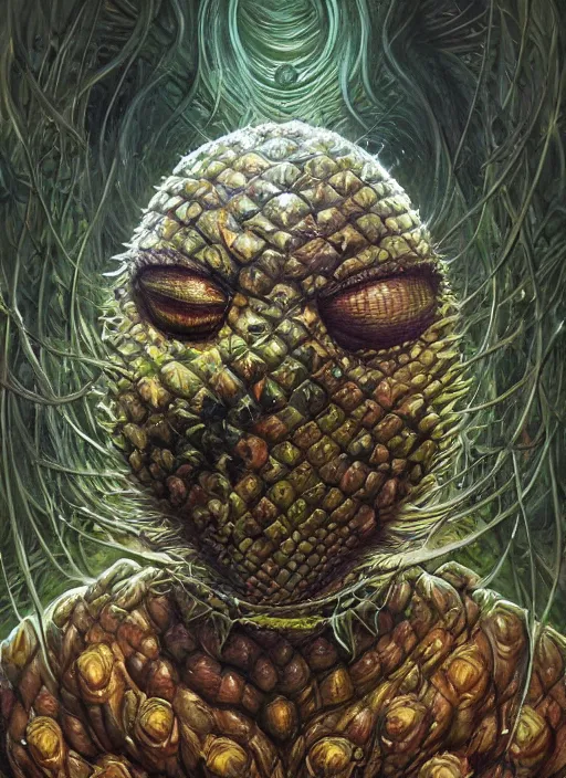 Prompt: pineapple mf doom reptile eyes, luminescent pineapple skin. intricate, elegant, highly detailed, centered, digital painting, artstation, concept art, smooth, sharp focus, illustration, artgerm, tomasz alen kopera, peter mohrbacher, donato giancola, joseph christian leyendecker, wlop, frank frazetta