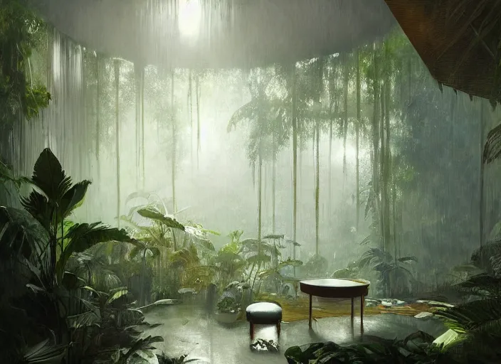 Image similar to a beautiful painting of the interior of a geodesic house in a moist tropical rainforest, living room, by greg rutkowski, realism, artstation, nature