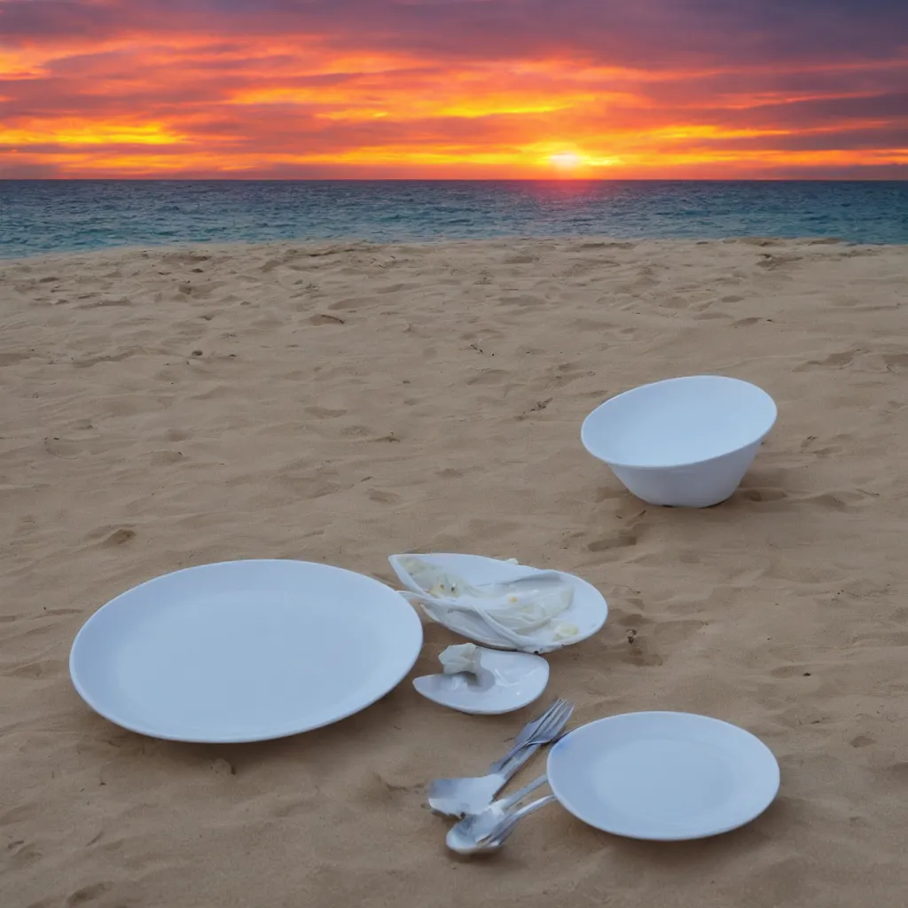 Image similar to professional photo of empty white dish in the middle over a table with a sunset on the beach in the background