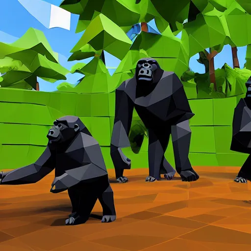 Image similar to gorillas playing a game of tag in low poly video game