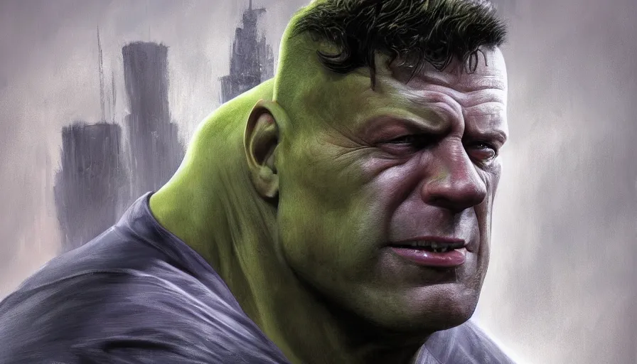 Image similar to bruce willis is hulk paint by various artists, hyperdetailed, artstation, cgsociety, 8 k