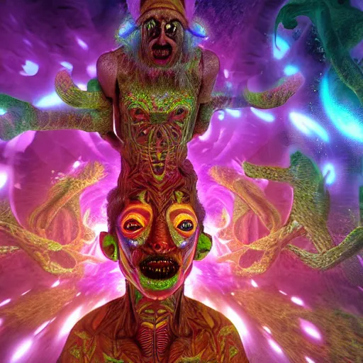 Image similar to horrific DMT, machine elves, 4k, octane render, psychedelic, by alex gray