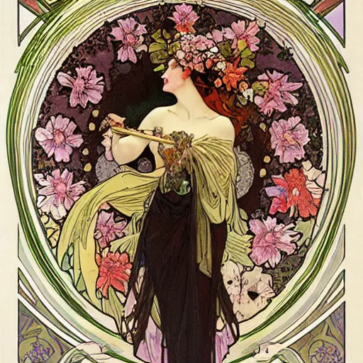 Image similar to persephone as goddess of death and flowers, evil, painted by alphonse mucha