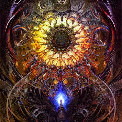 Image similar to low angle shot of a fractal explosion by clive barker, intricate, elegant, highly detailed, centered, digital painting, artstation, concept art, smooth, sharp focus, illustration, artgerm, Tomasz Alen Kopera, Peter Mohrbacher donato giancola, Joseph Christian Leyendecker, WLOP, Boris Vallejo.