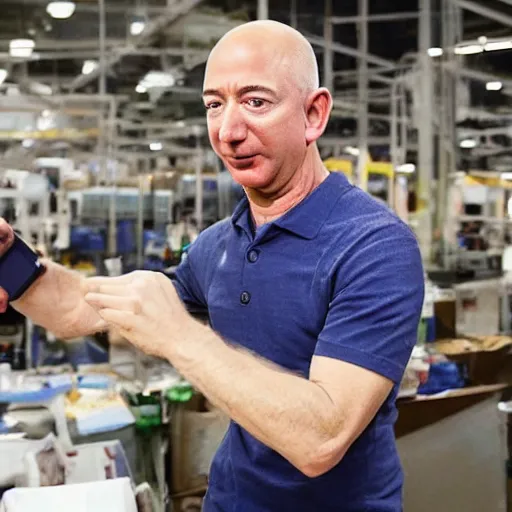 Image similar to jeff bezos being abusive towards his employees and forcing them to work without toilet breaks, sharp focus, hyper realistic, sony 5 0 mm lens