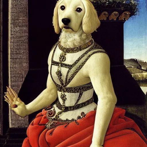 Image similar to portrait of a white labrododdle dog as an italian queen, painting by botticelli, 1 4 8 0 s