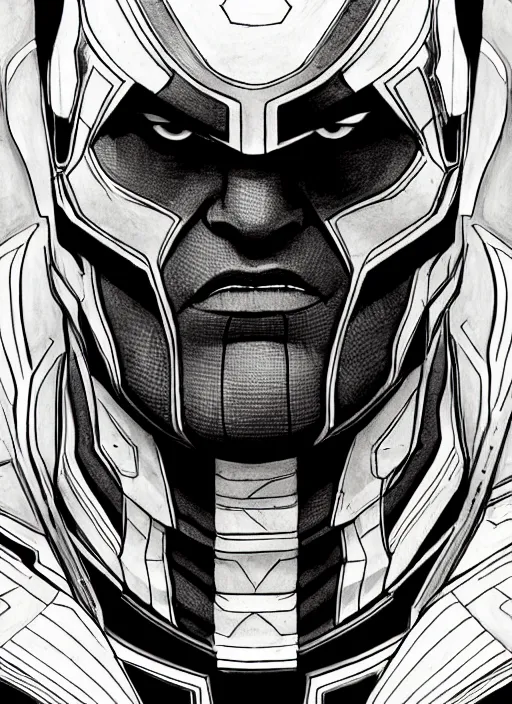 Image similar to symmetry concpet art, full shot, traditional ink, sketch, of thanos, line sketch, intricate, elegant, highly detailed, monochrome, digital painting, artstation, concept art, sharp focus, illustration, art by borderlands 3 and peter polach