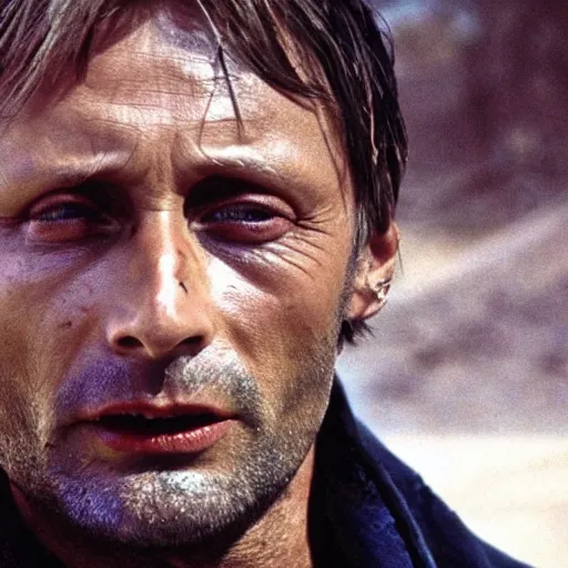 Image similar to A still of Mads Mikkelsen in Mad Max: Beyond Thunderdone (1985)