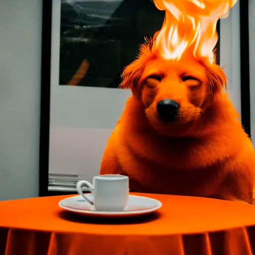 Image similar to a photograph of an orange humanlike dog in his house, sitting relaxed at a table, ☕ on the table, surrounded by flames and fire, smoke above him