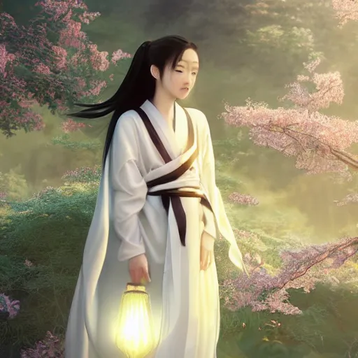 Prompt: a young beautiful prince, golden eyes, long black hair, white hanfu, elegant, intricate, backlit, incredible lighting, strong rim light, subsurface scattering, hyper realistic anime, HDRI, vivid colors, high contrast, unreal engine, cgsociety, octane render, beautiful landscape, cherry trees, highly detailed digital painting, by Heise Jinyao, Heise-Lian Yan Fang, Feimo, Rossdraws, Sakimichan, trending on artstation, 8k