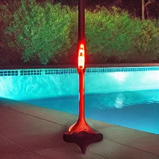 Prompt: “a flaming, glowing and burning claymore sword 🗡 floating in a suburban backyard pool, in the middle of the night, deepest darkest midnight. Photograph. Flash photograph. Cursed image. Found photograph.”