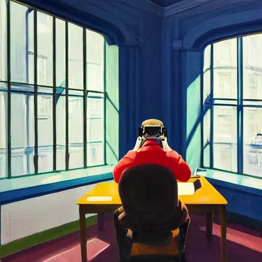 Image similar to A fine art painting of a man wearing Vr goggles and a puffa jacket, he creating the metaverse at a desk through a window on a British street. In the style of Edward Hopper and Wes Anderson