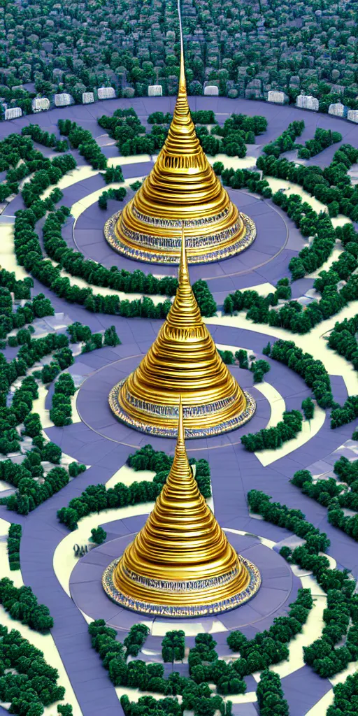 Image similar to opulent hyperbaric thai democracy monument on top and thai royal palace at the bottom prison chronomacrophotograph mycelial faberge vast circle round chamber on a nanometer scale. ultracomplex precision engineering diagram render, extra ray - tracing.