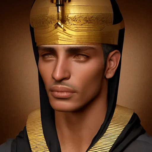 Image similar to a man in egyptian clothing wearing rings and jewlery on his neck, 8k resolution, serene, photorealistic, digital art, hyperdetailed, Unreal Engine, dynamic lighting, ultra detailed, trending on art station, concept art, stunning visuals, extreme detail