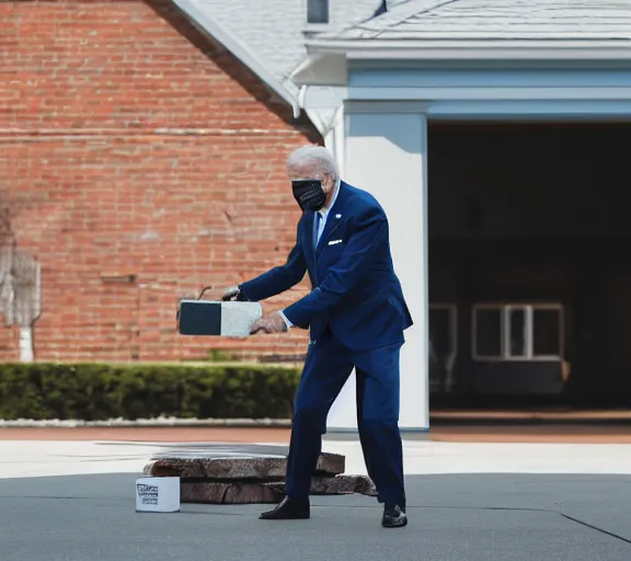 Image similar to color still of joe biden smashing a laptop with a brick, large smile, XF IQ4, 150MP, 50mm, F1.4, ISO 200, 1/160s, natural light