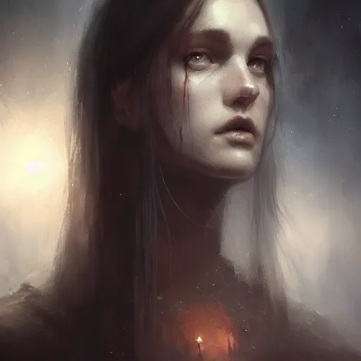 Image similar to young beautiful woman, glowing eyes, high detail, dramatic light, digital art, dark, painted by seb mckinnon and greg rutkowski, trending on artstation