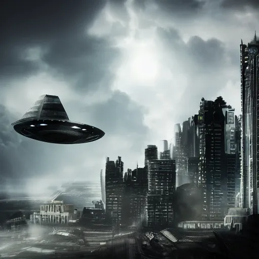 Image similar to a spaceship flying down into an alien city, dark clouds obscuring tall buildings, dark and ominous