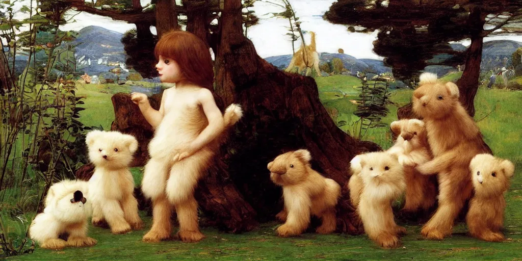 Image similar to 3 d precious moments plush animal, realistic fur, master painter and art style of john william waterhouse and caspar david friedrich and philipp otto runge