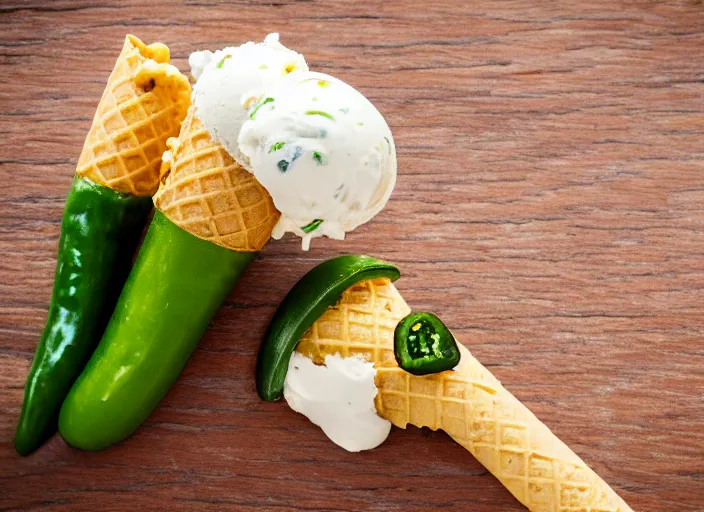 Image similar to dslr food photograph of ice cream cone with sliced jalapeno topping, 8 5 mm f 1. 8