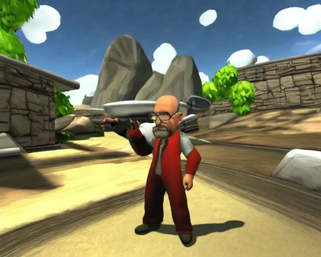 Image similar to walter white in super smash bros, screenshot, zoomed out, HD