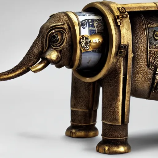 Prompt: hybrid elephant robot, walking towards the camera, steampunk, white, brass, national geographic