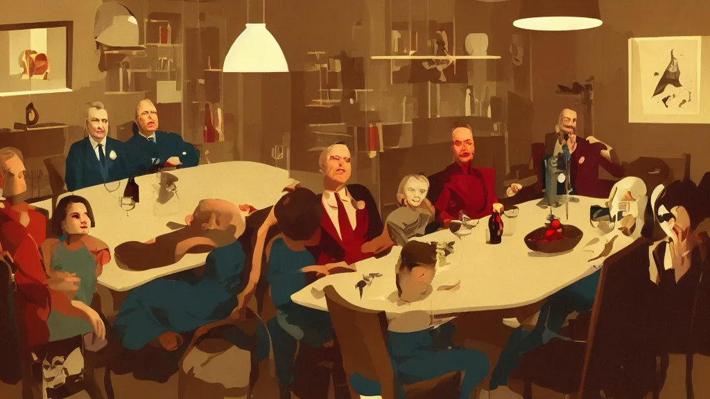 Prompt: Family dinner, in the style of David Lynch, by Wes Anderson, concept art, artstation