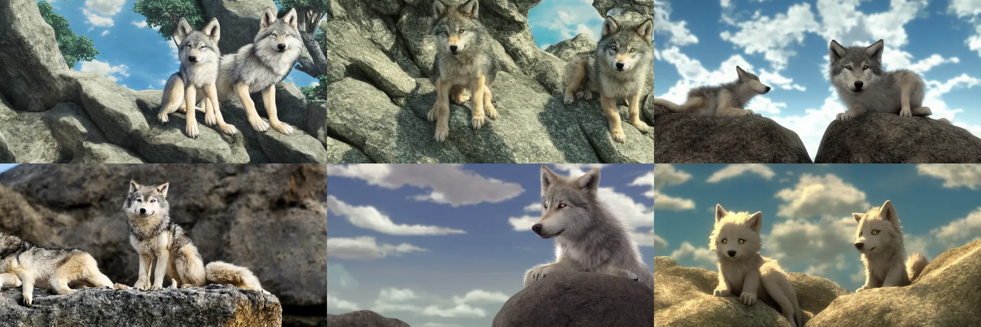 Prompt: wolf pup sitting on a rock looking upwards at puffy clouds cinematic by hayao miyazaki