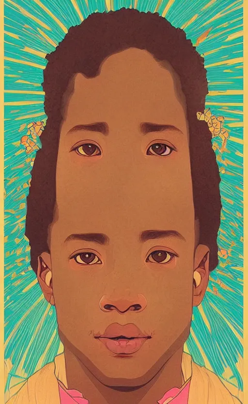 Image similar to colourful upper half portrait of an african boy - in japanese retro poster design illustration style, art by hsiao - ron cheng & alphonse mucha, highly detailed, digital painting, illustration, smooth, sharp focus, intricate, clustered, busy, pinterest, behance,