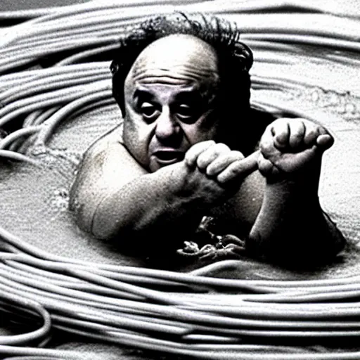 Image similar to danny devito swimming in spaghetti. he's not happy about it.