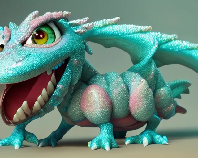 Image similar to character design of a cute dragon, big eyes, soft scale texture, pastel colours, shiny glitter crystals, cc ute, adorable, pixar animation style, detailed, soft light, octane render, 4 k,