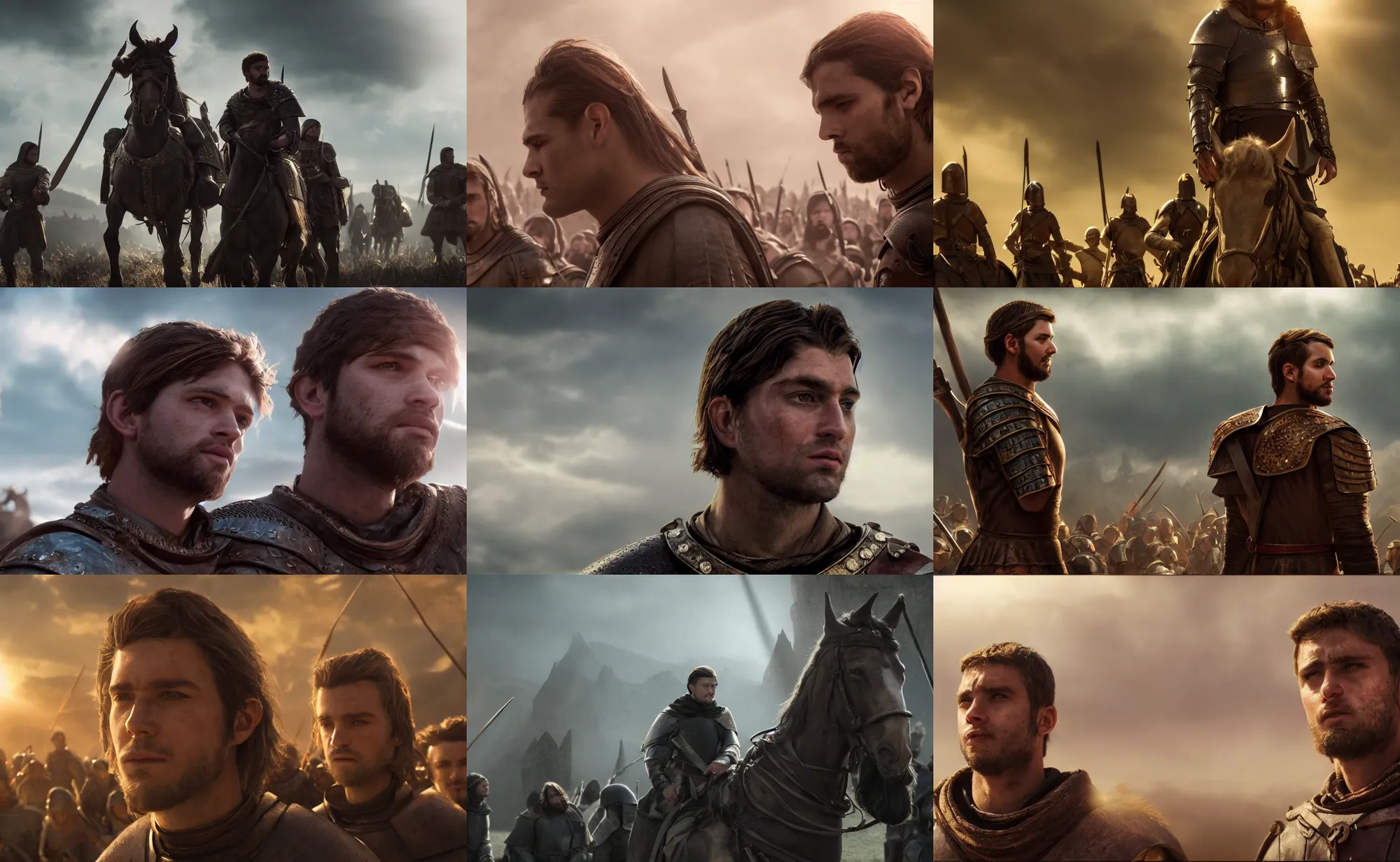 Prompt: dramatic cinematic artwork of a medieval commander in his twenties with brown hair, hazel eyes and a small chin staring into the distance solemnly with his warriors behind him by greg rutowski, 4 k, masterpiece, sun rays