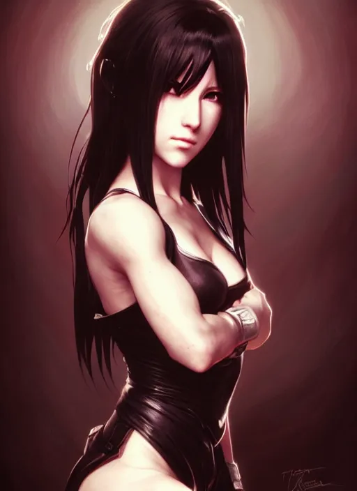 Prompt: portrait of tifa lockhart, final fantasy, cinematic lighting, intricate, elegant, highly detailed, digital painting, artstation, smooth, sharp focus, illustration, art by yoshitaka amano, artgerm and greg rutkowski and alphonse mucha and william - adolphe bouguereau