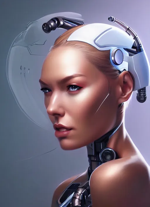 Image similar to portrait of a cyborg woman by Artgerm, (((((face turns left))))) face turns right, eyes closed , biomechanical, hyper detailled, trending on artstation