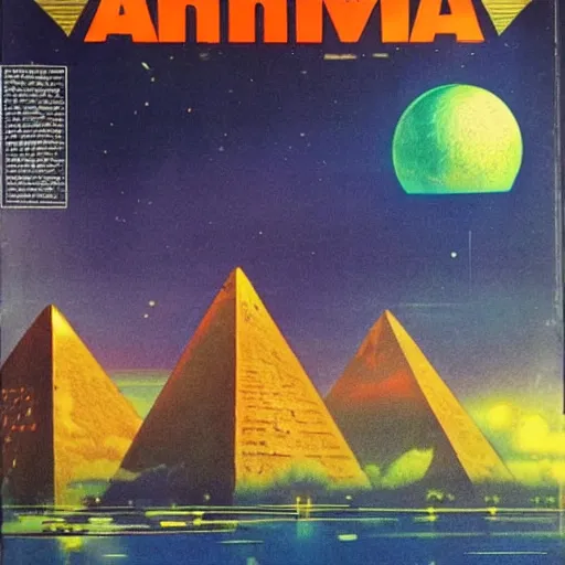 Image similar to 1983 Omni Magazine cover featuring airbrushed art of dramatic pyramids and robot masks, all centered over infinite cyber grid