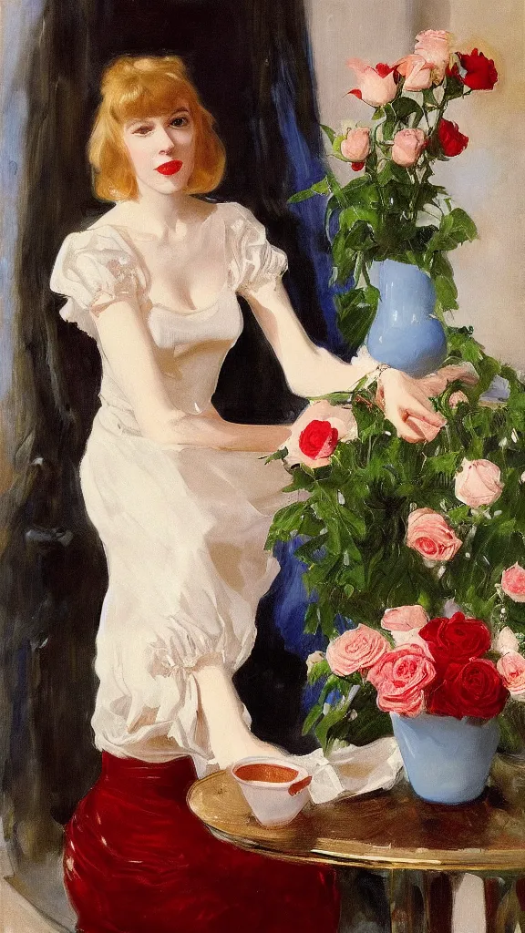 Prompt: clear face of young julee cruise in detailed golden sleeve balloon lace dress beside a pot of red roses set near a persian blue detailed pot by john singer sargent