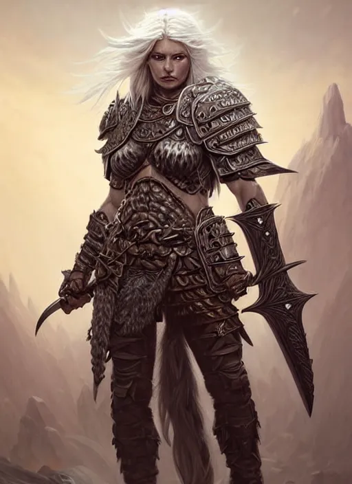 Image similar to barbarian, plated armor!!! long wild white hair!! covered chest!!! fantasy, d & d, intricate ornate details, digital painting, pretty face!!, symmetry, concept art, sharp focus, illustration, art by artgerm! greg rutkowski magali villeneuve wlop! ilya kuvshinov!!, octane render