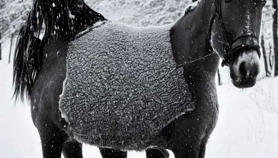 Image similar to 1 9 6 0 s movie still close up of marcus aurelius + horse frozen to death under the snown by the side of a river with gravel, pine forests, cinestill 8 0 0 t 3 5 mm b & w, high quality, heavy grain, high detail, texture, dramatic light, anamorphic, hyperrealistic, detailed hair, foggy