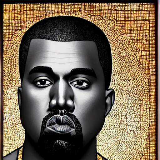 Prompt: detailed portrait of kanye west, profile view, side view, lebanese man, 4 5 years old, brown coat, shaved head, slight stubble, stained glass art, by alphonse mucha, brown mosaic background, very masterful, no artifacts