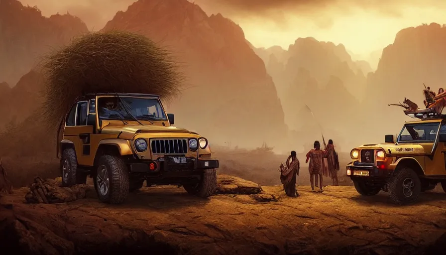 Image similar to Mahindra thar, tribe members watching nearby, an epic fantasy, dramatic lighting, cinematic, establishing shot, extremely high detail, photorealistic, cinematic lighting, artstation, by simon stalenhag, shadow of the tomb rider