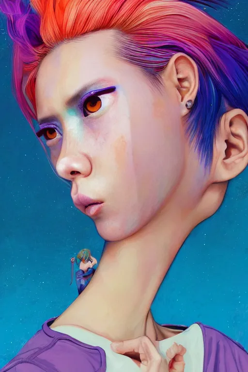 Image similar to a award winning half body portrait of a beautiful woman in a croptop and cargo pants with ombre orange blue teal hairstyle with head in motion and hair flying by yoshii chie and hikari shimoda and martine johanna and will eisner, outrun, vaporware, digital art, trending on artstation, highly detailed, fine detail, intricate