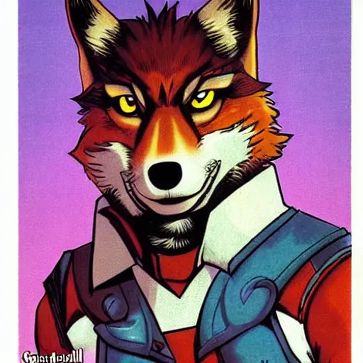 Image similar to 1 9 8 0 s comic book cover scan featuring a portrait of villain male wolf o'donnell anthropomorphic wolf furry fursona from starfox wearing a dark space mercenary uniform, dark grey wolf, handsome eyes, wolf o'donnell