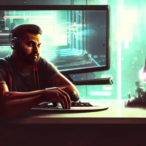 Image similar to realistic successful man typing on laptop in gaming room, artstation trends, cyberpunk concept art, highly detailed, intricate, sharp focus, digital art, 8 k