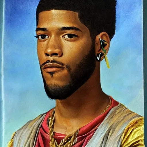 Prompt: a renaissance style portrait painting of kid cudi