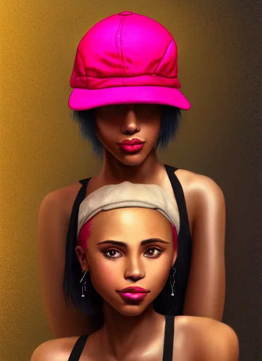 Image similar to portrait of teenage vanessa morgan with bright pink hair, black girl, vanessa morgan, curly pixie cut hair, wearing newsboy cap, newsboy cap, hoop earrings, intricate, elegant, glowing lights, highly detailed, digital painting, artstation, concept art, smooth, sharp focus, illustration, art by wlop, mars ravelo and greg rutkowski