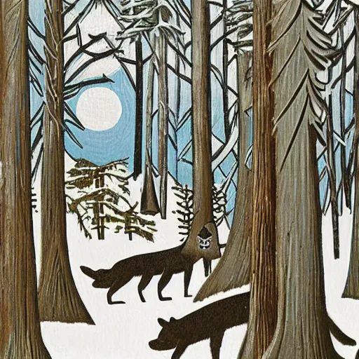 Prompt: haida art depiction of a winter forest with snow and wolves