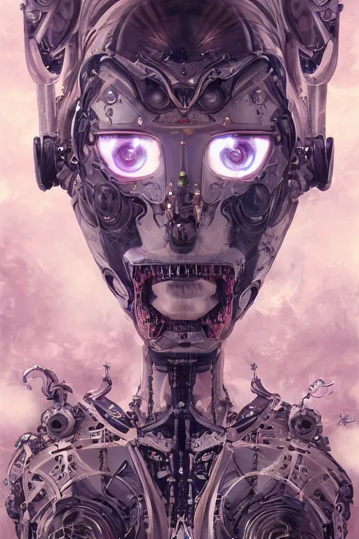 Image similar to twin Alien Robot concubines, facial tattoos, artists portrait, biomechanical, oppai, fantasy, highly detailed, photograph, concept art, sharp focus, depth of field blur, Mandelbrot fractal, art by artgerm and greg rutkowski and alphonse mucha and trevor brown