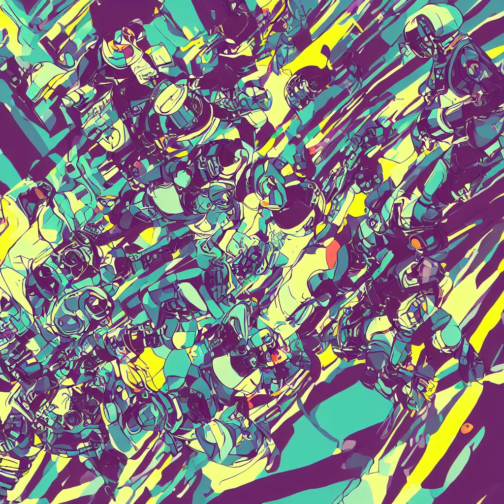 Image similar to people wearing helmets, ryuta ueda artwork, jet set radio artwork, stripes, gloom, space, cel - shaded art style, broken rainbow, data, minimal, speakers, code, cybernetic, dark, eerie, cyber