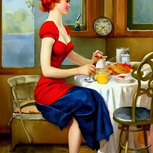 Image similar to woman making breakfast watercolor painting by gil elvgren and vladimir volegov