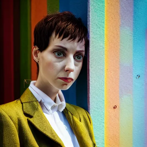 Prompt: hyperdetailed photo of a serious skinny woman with light eyes in front of a dark rainbow cybercity, short hair, hollow cheeks, wearing fashion suit, inside berghain, classic, photo 3 5 mm leica, hyperdetail, 8 k, very detailed, fine face