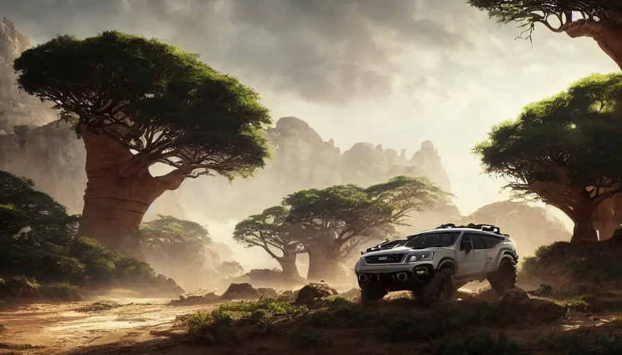 Image similar to an offroad suv designed by ford driving through madagascar with baobabs trees, artgerm and greg rutkowski and alphonse mucha, an epic fantasy, volumetric light, detailed, establishing shot, an epic fantasy, trending on art station, octane render, midsommar